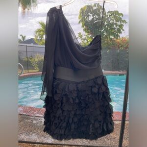 Foley + Corinna Black Chiffon Petal Appliqué One Shoulder Cocktail Dress M